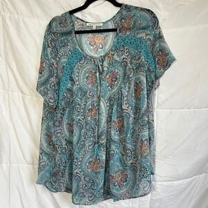 danielrainn paisley floral tunic blouse top 3X teal‎ blue boho crochet
